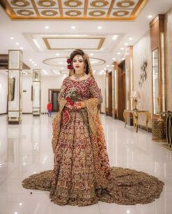 Indian Red Bridal Long Trail Anarkali with Lehenga Golden Embroidery - DN-1543