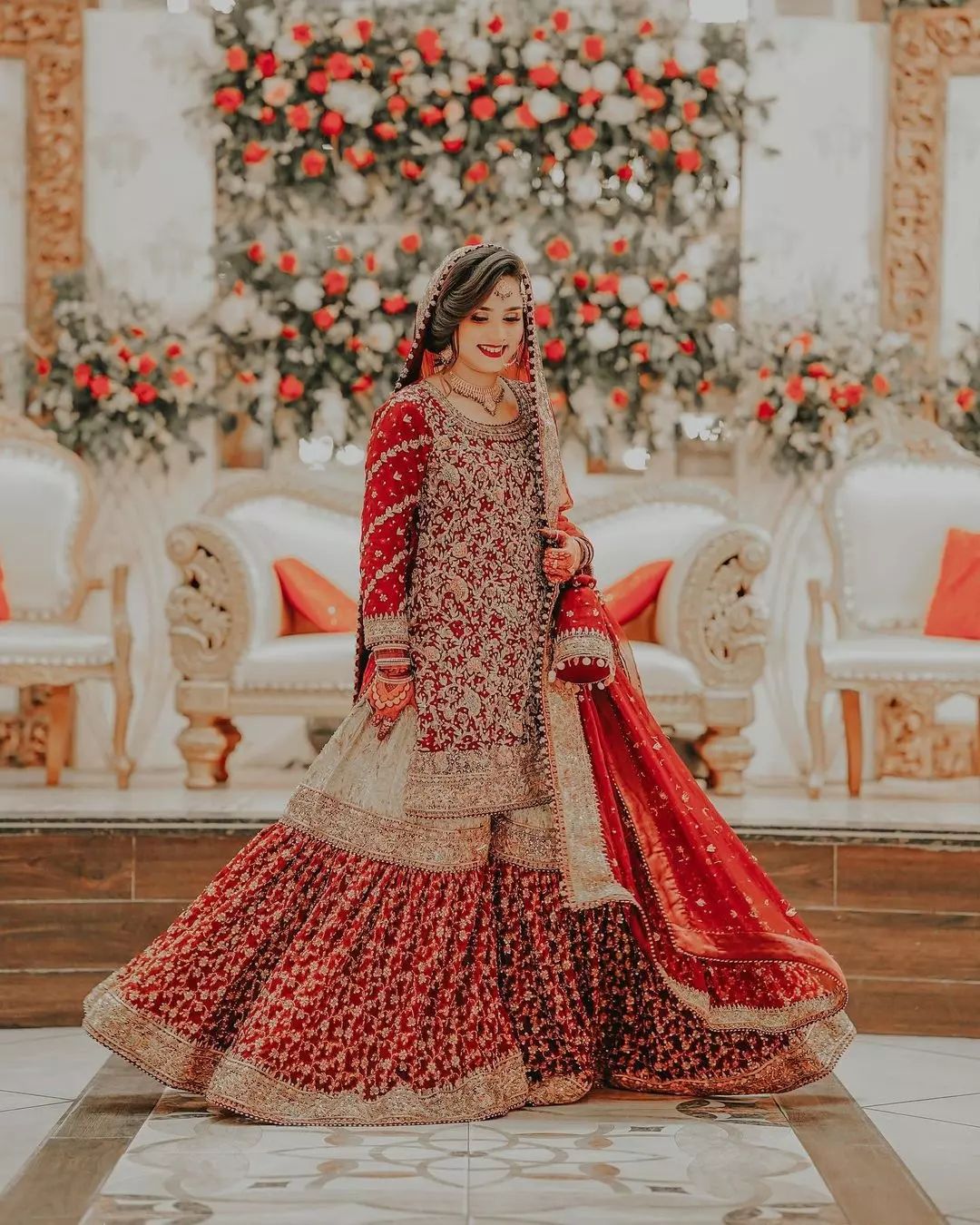 Red and Golden Designer Bridal Pakistani Bridal Sharara with Embroidery - DN-1541