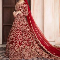 Red Designer Bridal Long Trail Lehenga Choli with Golden Embroidery - DN-1542