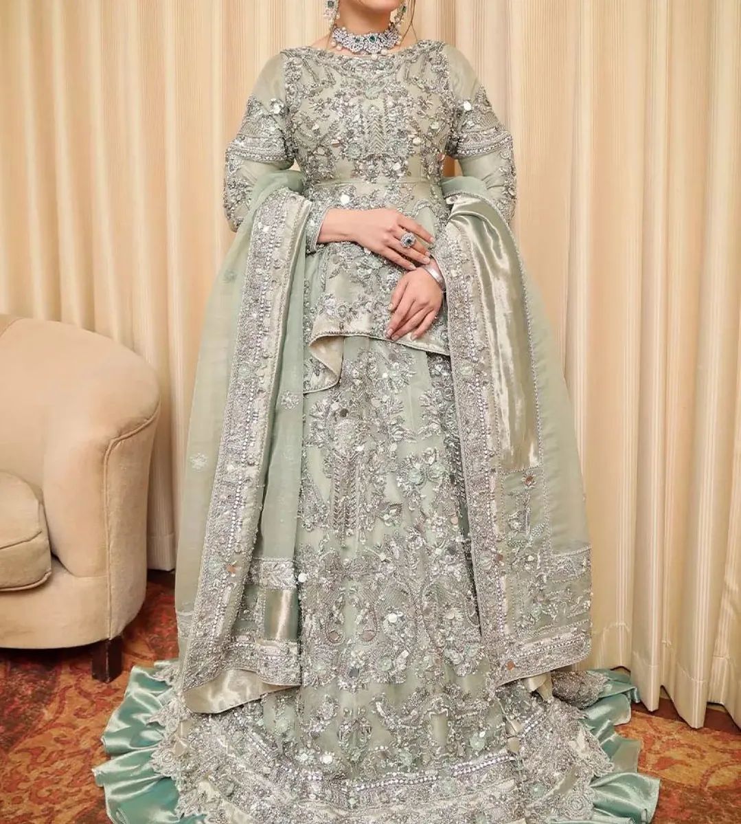 Designer Ivory Pakistani Wedding Waleema Skirt with Peplum and Embellishment - DN-1512
