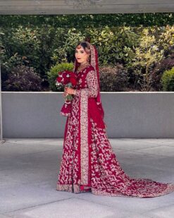 Rani Pink Pakistani Bridal Embroidered Long Trail Lehenga with Kurti - DN-1557
