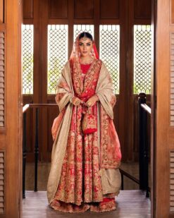 Red Pakistani Designer Long Anarkali with Lehenga with Golden Embroidery - DN-1477