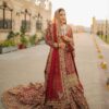 Red Traditional Pakistani Nikaah Long Trail Lehenga with Kurti and Embellishment - DN-1462