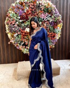 Blue Designer Partywear and wedding Silk Saree with Sequence work Bespoke made to order - DN-1301