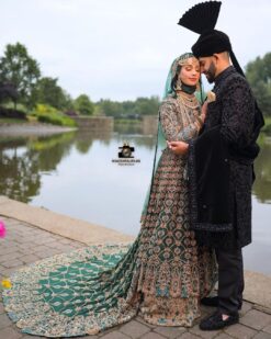 Green Classy Pakistani Designer Walima long Trail Anarkali with lehenga and Golden Embroidery - DN-1365