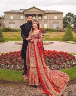 Traditional Red Pakistani Bridal long Trail frill lehenga with kameez and Embellishment - DN-1364