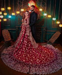 Red Classy Pakistani Wedding long Trail lehenga with short Split Jacket and Embellishment - DN-1346
