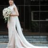 White Designer long Trail Wedding Gown with Long Veil and Embroidery Bespoke made to order - DN-1285