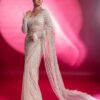 Ivory Designer Partywear Saree with Flower Embroidery Bespoke made to order - DN-1287