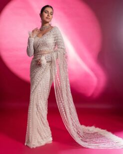 Ivory Designer Partywear Saree with Flower Embroidery Bespoke made to order - DN-1287