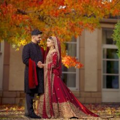 Red Traditional Pakistani Designer Nikaah Embroidered kurti with long Trail lehenga Bespoke - DN-1263