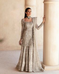Ivory Classy Designer Wedding Peplum with Sharara and Embroidery Bespoke made to order - DN-1296