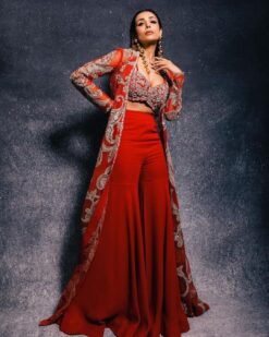 Red Designer Partywear Sharara with Embroidered crop top and long Jacket Bespoke - DN-1193