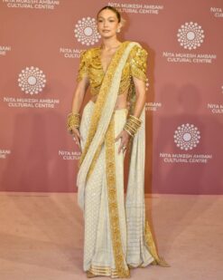 Designer Wedding and Reception white and Golden Embroidered saree Bespoke - DN-1184