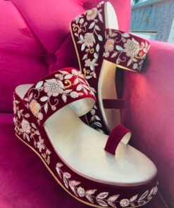 Maroon and off white mid heels and wedges sandal with beautiful flower embroidery - DN-2057