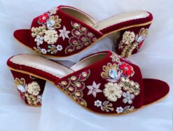 Maroon bridal mid heels sandal with handmade embroidery - DN-2061