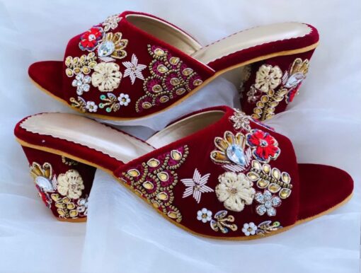Maroon bridal mid heels sandal with handmade embroidery - DN-2061
