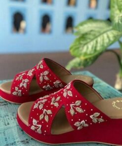 Hot red bridal mid heels and wedges sandal with embellishment embroidery - DN-2056