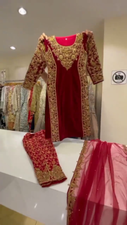Red Velvet Designer Partywear Kurti with Pant and Golden Embroidery - DN-1460