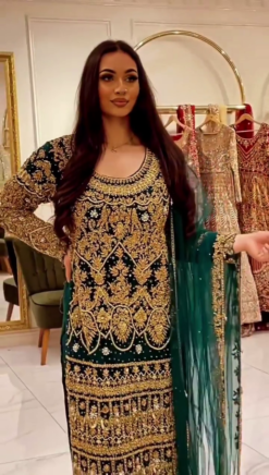 Green Partywear long kurti with Pant and Golden Embroidery - DN-1459