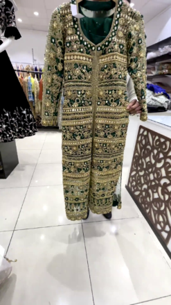 Green Designer Partywear Long Split Kurti with Embroidery - DN-1455