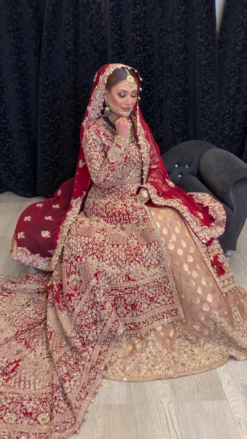 Traditional Red and Golden Pakistani Bridal Split Long Trail Anarkali with Lehenga and Embellishment - DN-1412