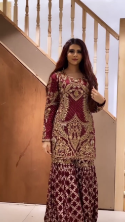Designer Maroon Pakistani Wedding Garara with Golden Embroidery - DN-1410