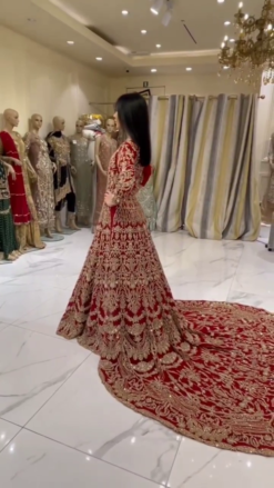 Traditional Red Pakistani Bridal long Trail Gown with Golden Embroidery and Embellishment - DN-1403