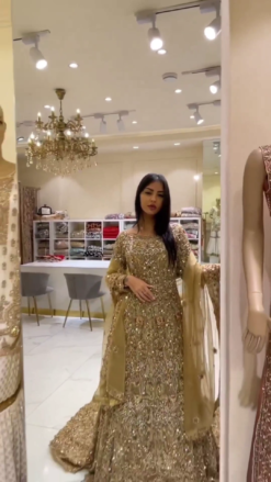 Traditional Golden Pakistani long Trail Lehenga with kurti and Embellishment - DN-1404